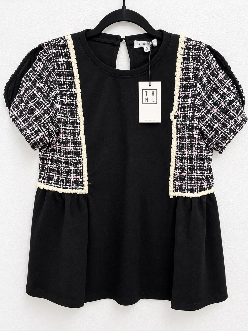THML Black Knit Top with Tweed Puff Sleeves and Cream Trim